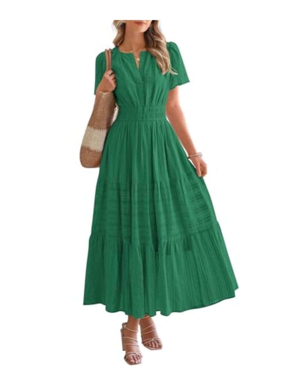 Cotton Maxi Dress V-Neck Short Sleeve Elastic Waist Tiered Boho with Pockets